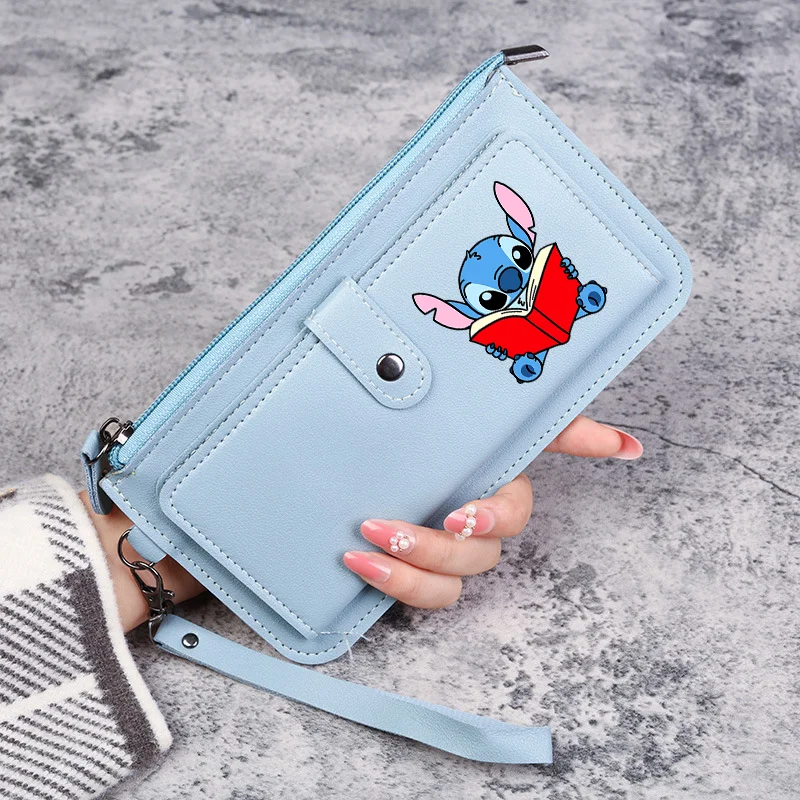 Disney Stitch Pochette lunga in vera pelle Porta carte Porta carte Multifunzione Portafoglio portatile con tasca per telefono di grande capacità