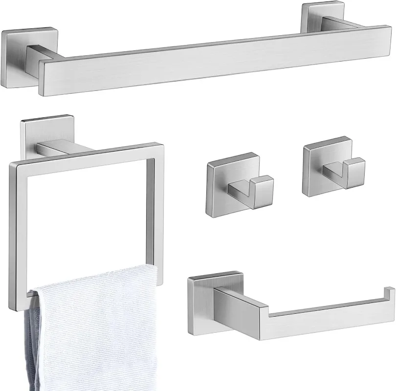 

Bath Towel Bars Set for Wall Mounted, Including Stainless Steel Toilet Paper Holder, Hand Towel Racks, Hooks & Ring