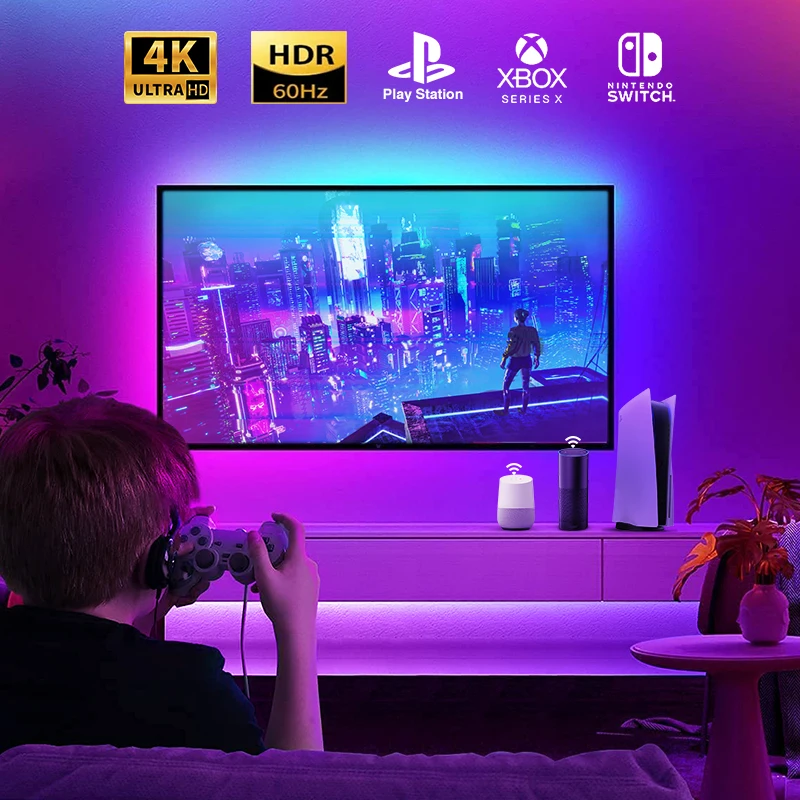 

HDMI-compatible Tv Backlight Led Rgb Hue Sync Neon Light HDR Tv Light Smart Focus Wifi Alexa Bluetooth Google Assistant Voice