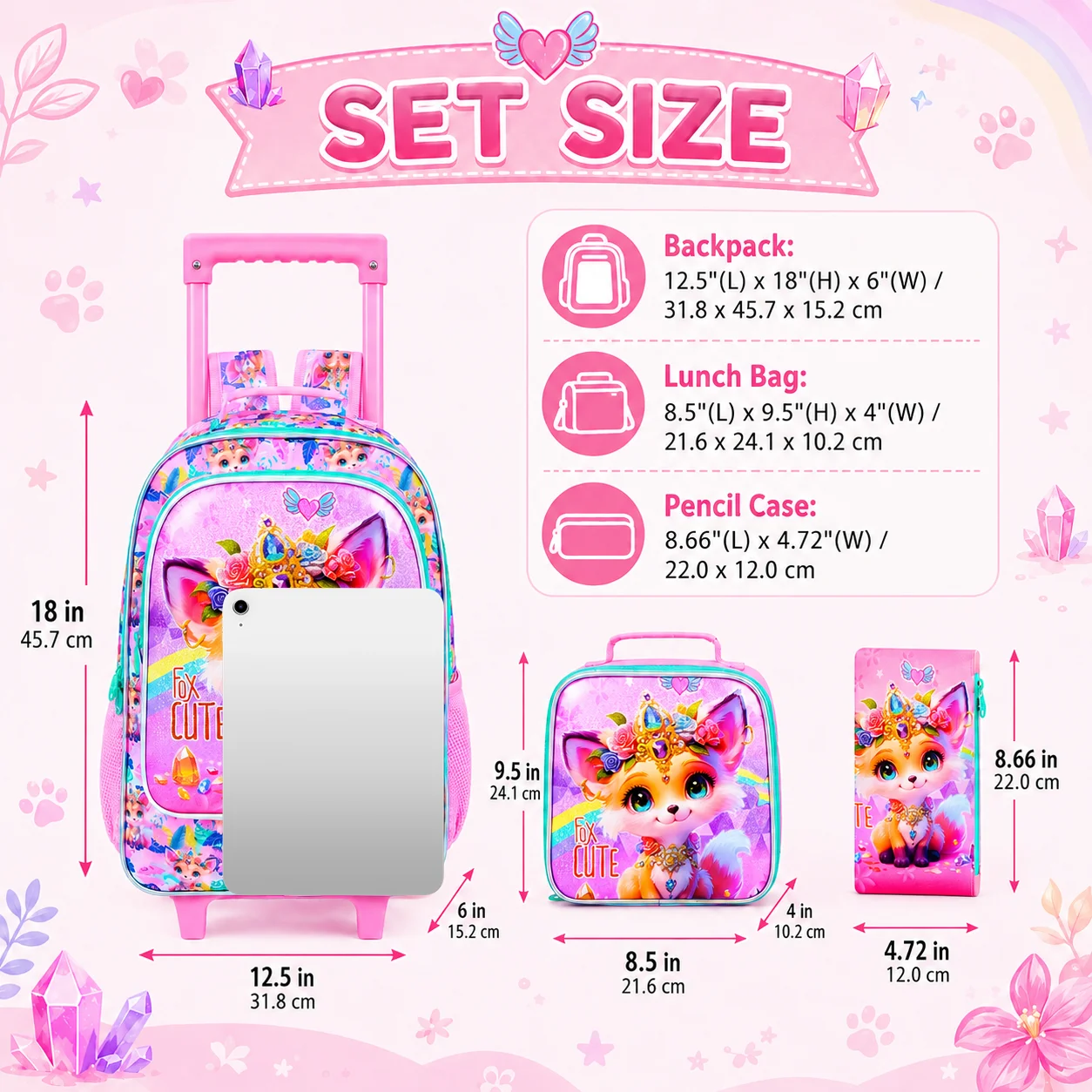 3Pcs Rolling Backpack for Girls, Kids Roller School Backpack with Wheels, Fox Wheeled Bookbag for Elementary Preschool Kindergar