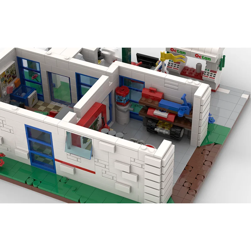 Cidade rua vista modelo moc blocos de construção modular posto de gasolina modelo tecnologia tijolos diy conjunto montagem presente brinquedo do feriado