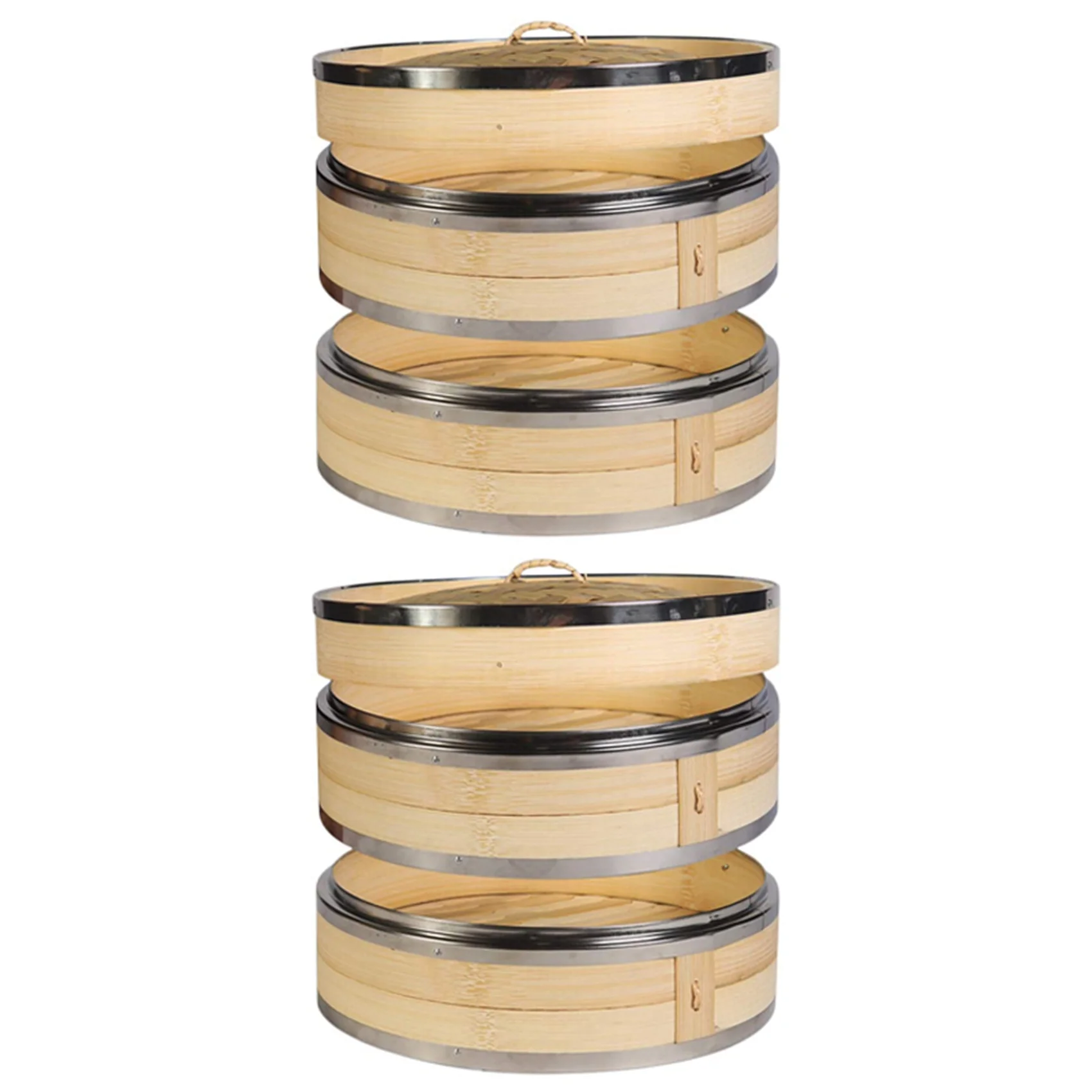 75STO-2X جهاز طهي بالبخار من الخيزران بطبقتين مع نطاق مزدوج من الفولاذ المقاوم للصدأ #3