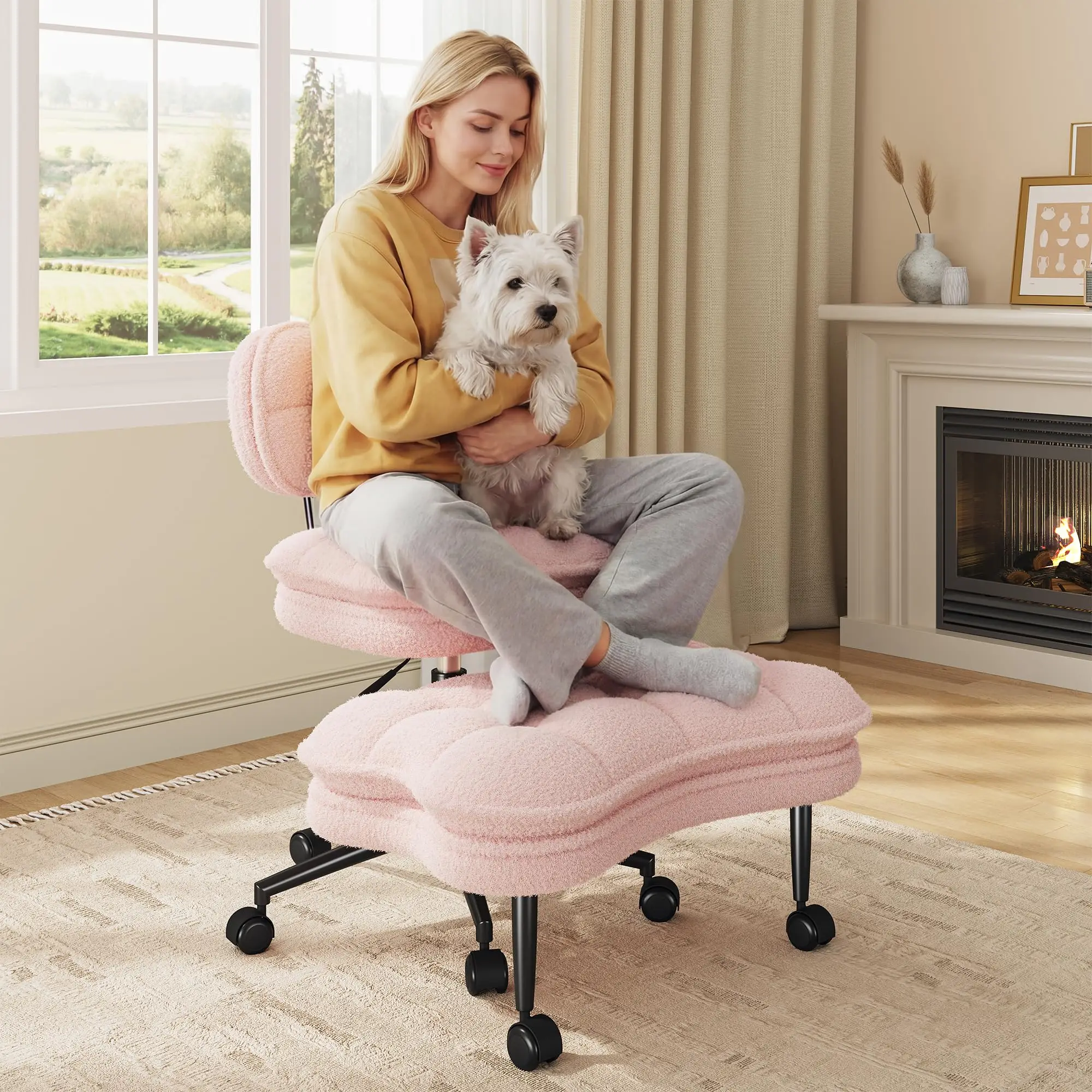 Pink Plush Cross Legged Office Chair with Footrest, 350 lbs
