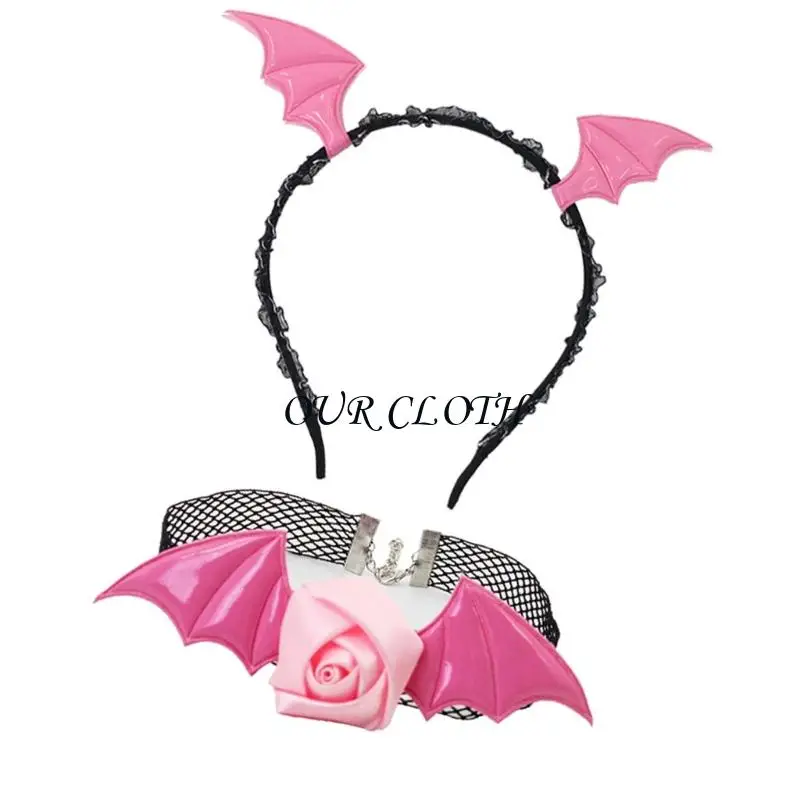 Devil Bat Bandband Flower Lace Choker Halloween Cosplay Party Party Accessoires Adultes Femmes Men Halloween Ensemble Y1ac