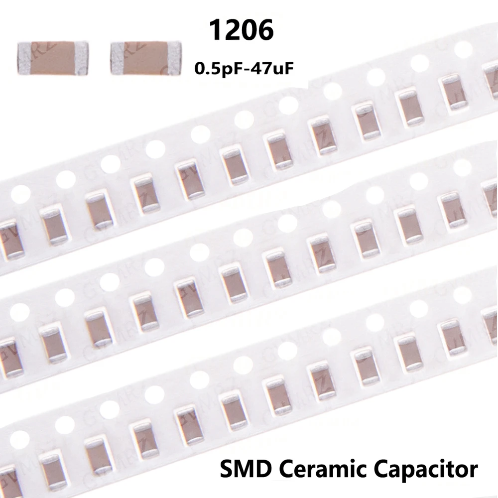 100pcs 0.5pF-47uF 4.7UF 10UF 1PF 10NF 100NF 1UF 2.2UF 4.7UF 10UF 1PF 1206 SMD Thick Film Chip Multilayer Ceramic Capacitor