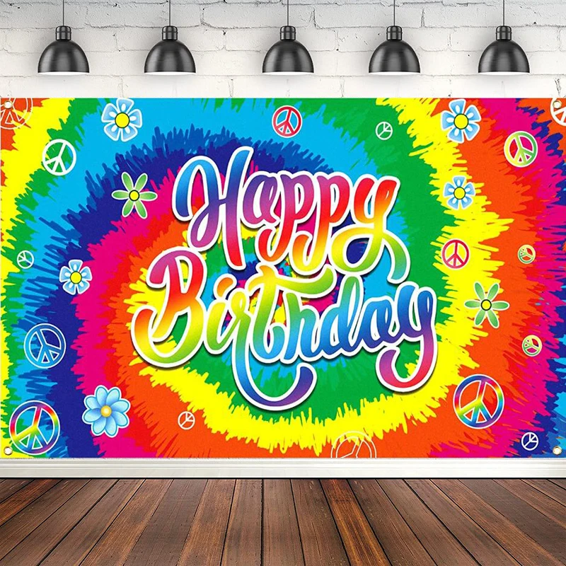 Photography Backdrop Tie Dye Banner 60's Theme Hippie Happy Birthday Party Banner Decor Groovy Sign Rainbow Background Poster