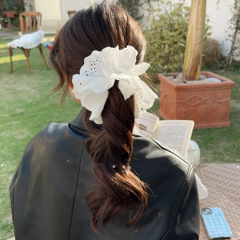Flower Shape Ballet Style Lace Scrunchies Hair Tie Heart Embroidery Large Hair Scrunchies Cloth Rubber Bands