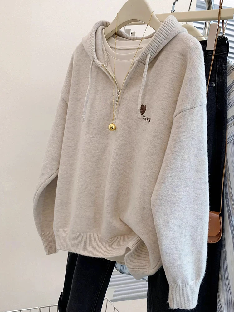 Autumn New Simple Solid Color Hooded Half Zipper Sweater Women's Loose Lazy Style Long Sleeved Knitted Tops Casual Pullovers