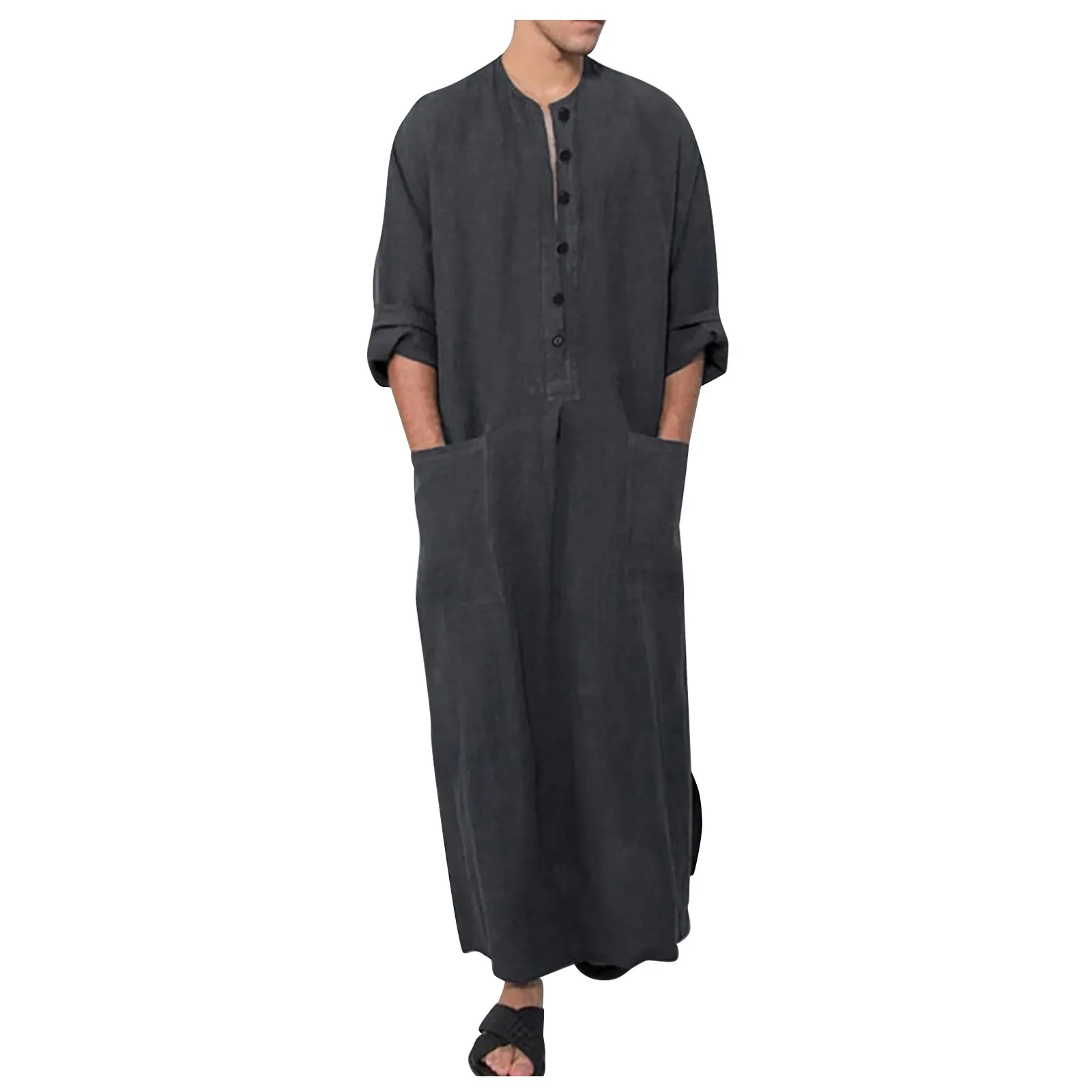 Robe musulmane boutonnée à manches longues et col rond pour hommes, vêtements arabes saoudiens, vêtements islamiques moyens décontractés, Ramadan