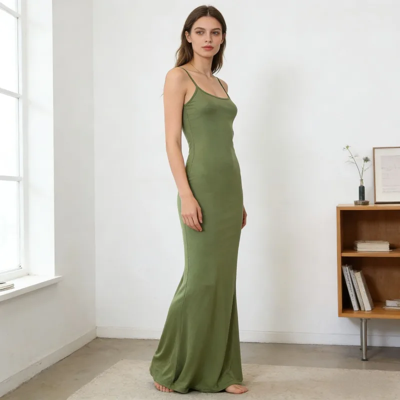 Frisse zomer eenvoudige groene slim fit sexy jarretel lange jurk nieuwe elegante mouwloze veelzijdige casual trui jurk voor dames