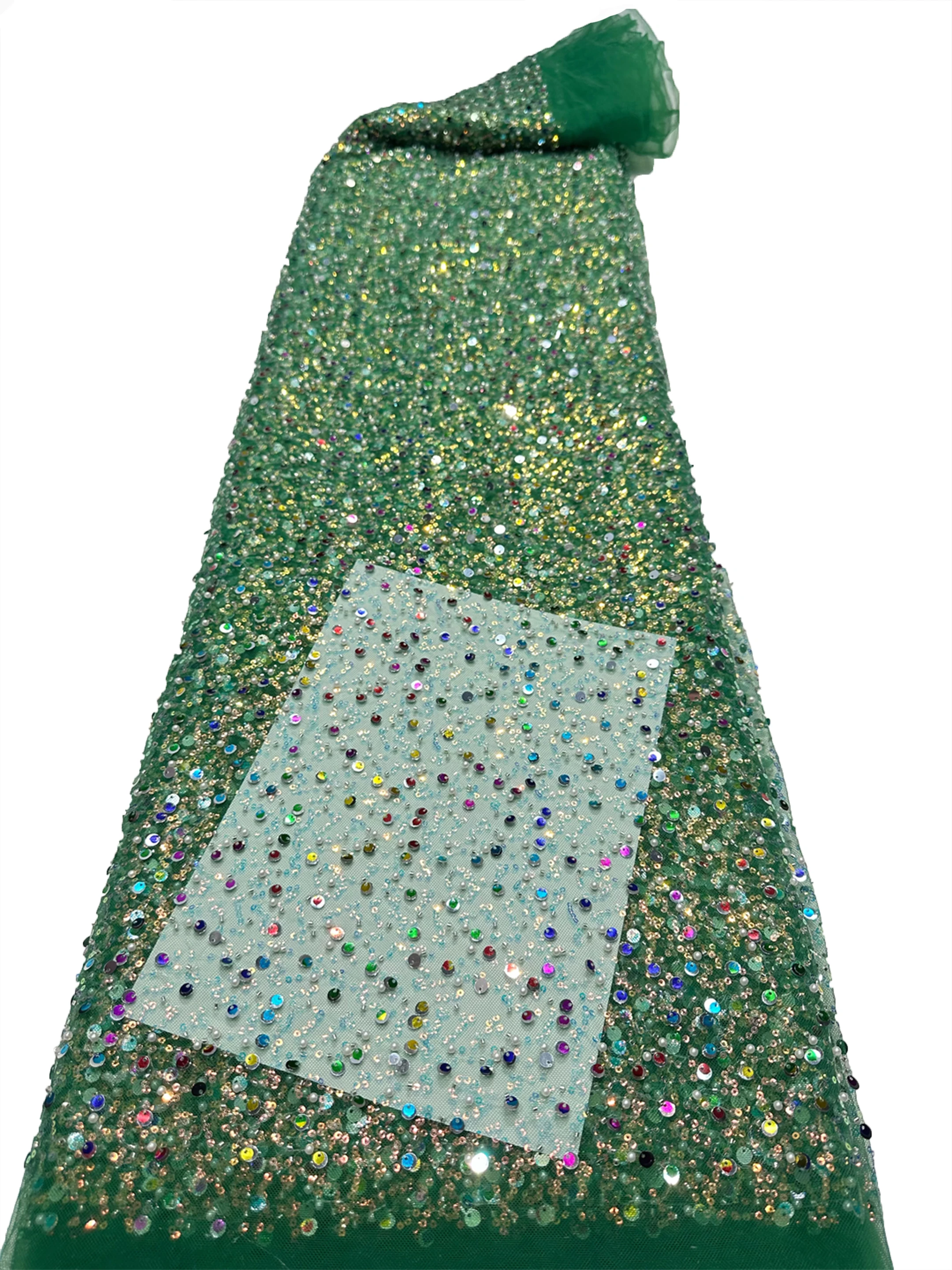 Newest Sequins beaded Tube Embroidery Lace Material 5 Yards African Shiny Tulle Lace Women Mesh Beaded Lace For Party Dress Sew