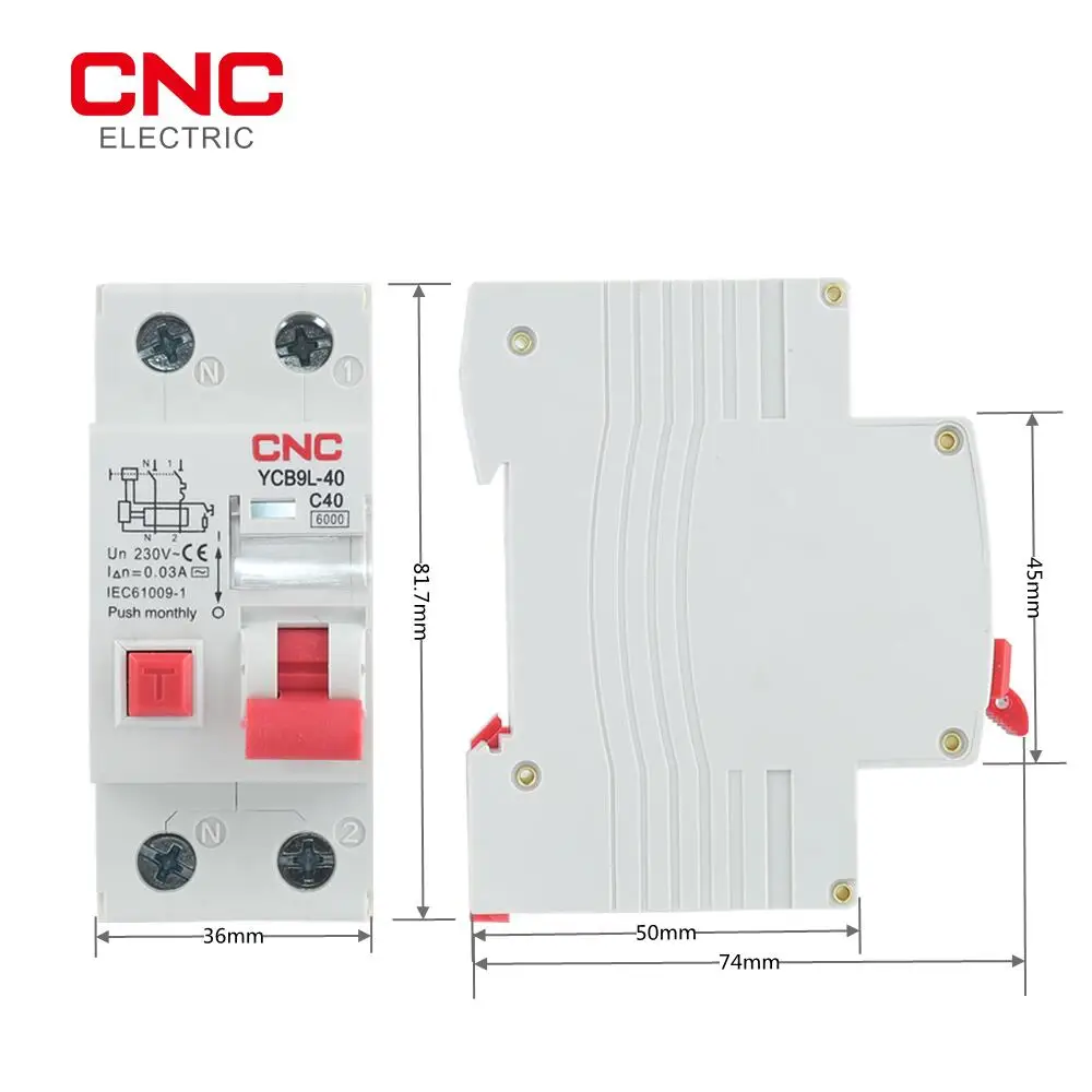 CNC YCB9L-40 Din Rail 36mm Phase-neutral Residual RCBO Current Circuit Breaker with Overcurrent Protection 6A/10A/16A/20A/25A