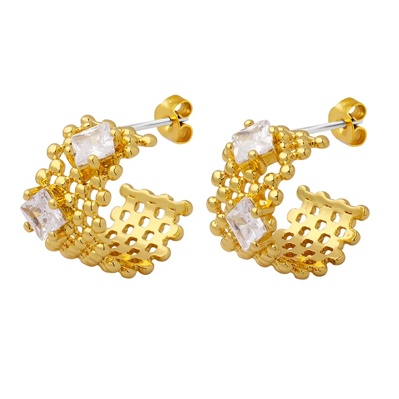 

Stylish Golden Metal Hollow C-Shaped Cubic Zirconia Stud Earrings for Girls Waterproof Jewelry Gift