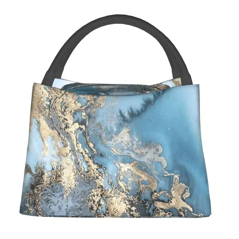 Blue And Gold Marble Texture Portable Lunch Box for Women Waterproof Geometric Abstract Pattern Cooler Thermal Food Lunch Bag