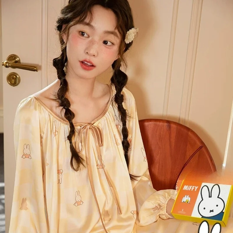 Miffy Kawaii Anime Light and Soft Nightgown Girls Long Sleeves Spring and Autumn Sweet Lounge Clothes Comfortable Simple Cute