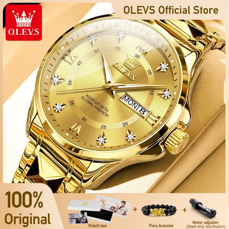 OLEVS Men\'s Watch No.2906 Fashion Business Original Quartz Watches Rhombus Stainless Steel Waterproof Luminous Week Date Display