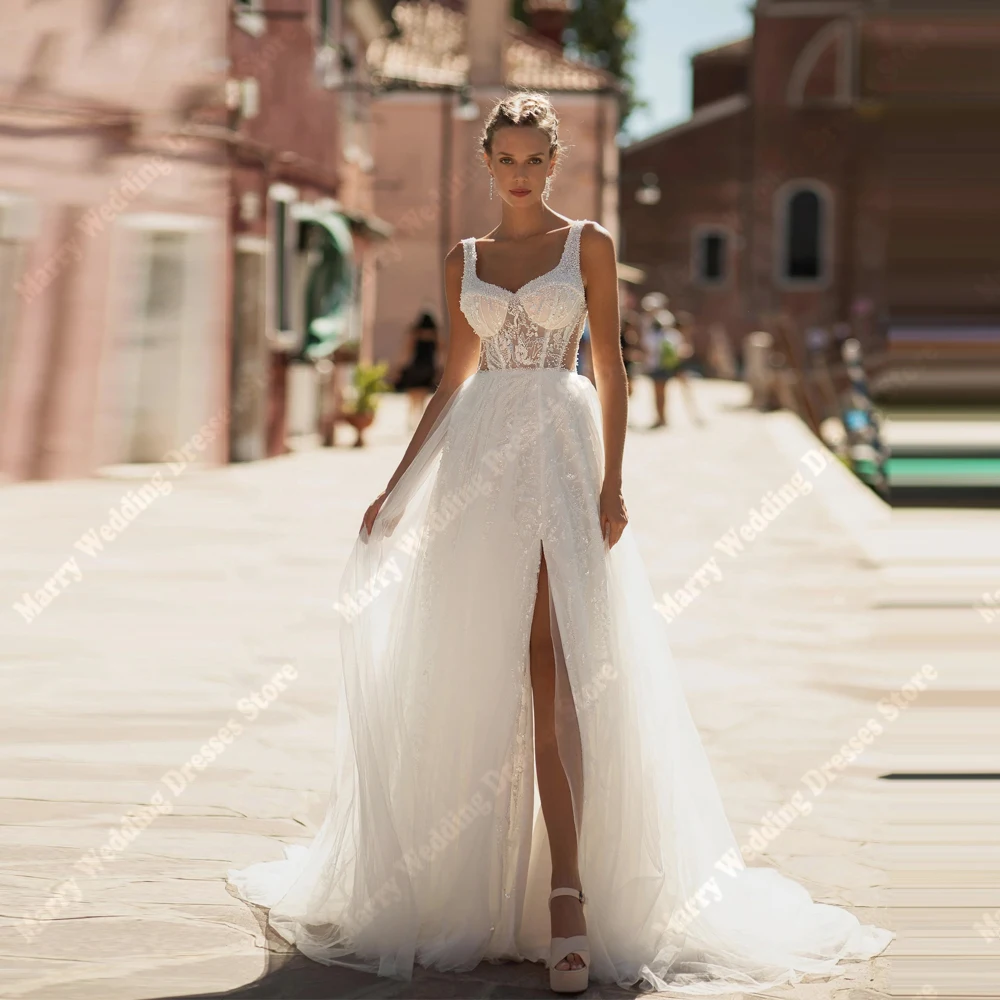 

Sweetheart Collar Women Wedding Dresses Elegant Lace Print Bridal Gown Mopping Length Princess Party Vestido De Novia Customized