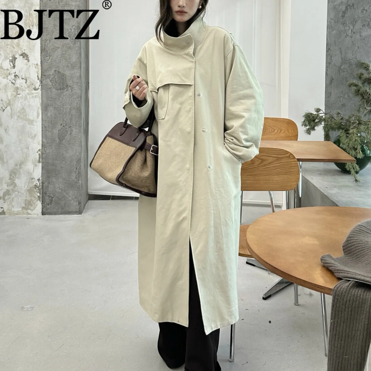 

BJTZ Women's Vintage British Long Single-Breasted Trench Coat With Slim Belt Fleece Lined Autumn Casual Elegant High Quality