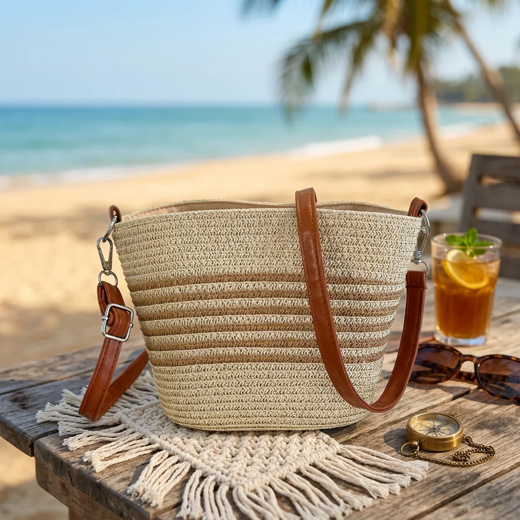 Straw Bucket Bag Woven Striped Crossbody Purse Adjustable Shoulder Strap for Beach Vacation Summer Travel Daily Use Durable