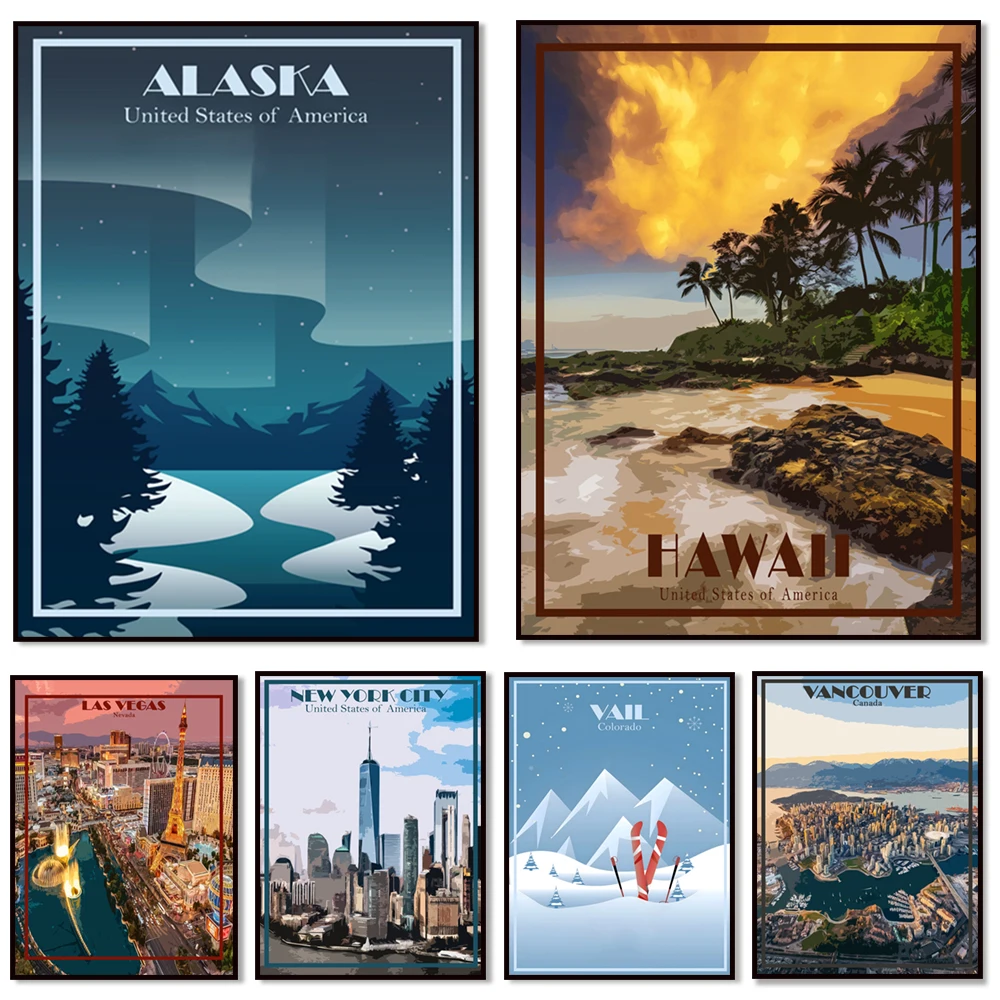 Hawaii, Honolulu, New York, Las Vegas, Vancouver Canada Chicago Illinois, Alaska, Vail Colorado Ski Resort Travel Vintage Poster