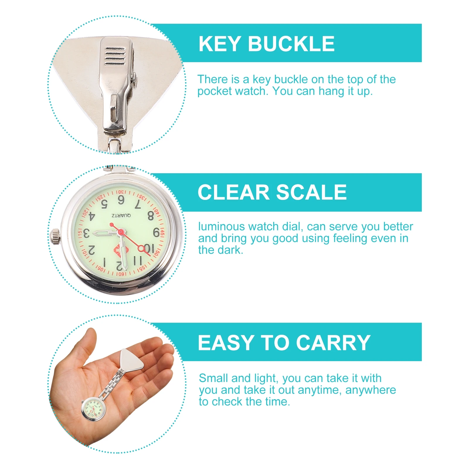 

Luminous Nurse Pocket Watch for Kids Elderly Clip On Portable Watches Alloy Glass Design Scrub Nursing Gift