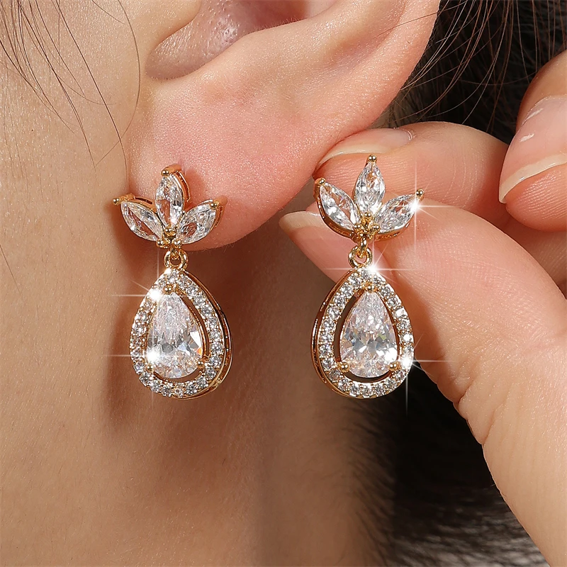 UILZ Leaf Shaped White Zirconia Dangle Earrings For Women Luxury Drop Shape Pendant Earring Wedding Bridal Jewelry