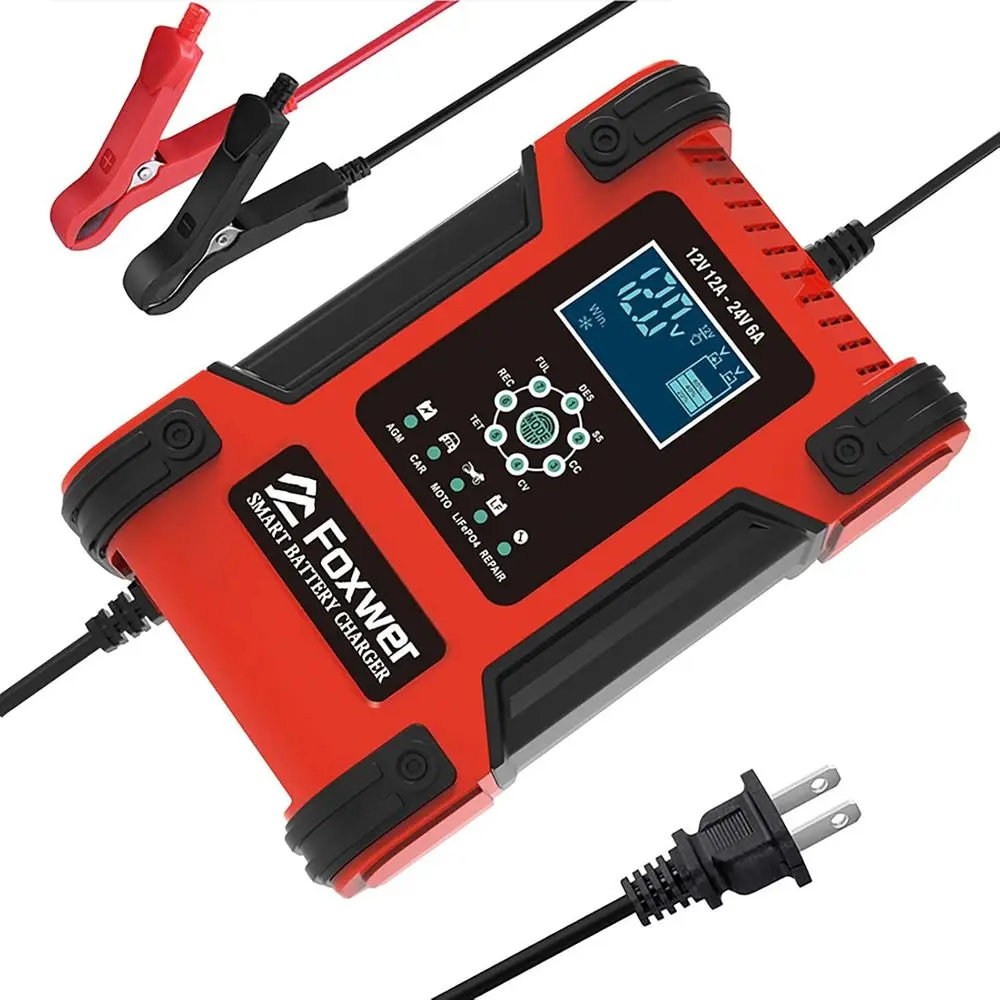 

12-Amp Fully Automatic Smart Truck Battery Heavy Duty LiPO4 Battery Maintainer Trickle with Temperature 12V12A-R Red