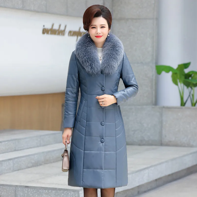 M-7XL Women Long Leather Coat Winter Fashion Mother Padded Outerwear Thick Warm Fur Collar Camel Fleece Filling Overcoat Female