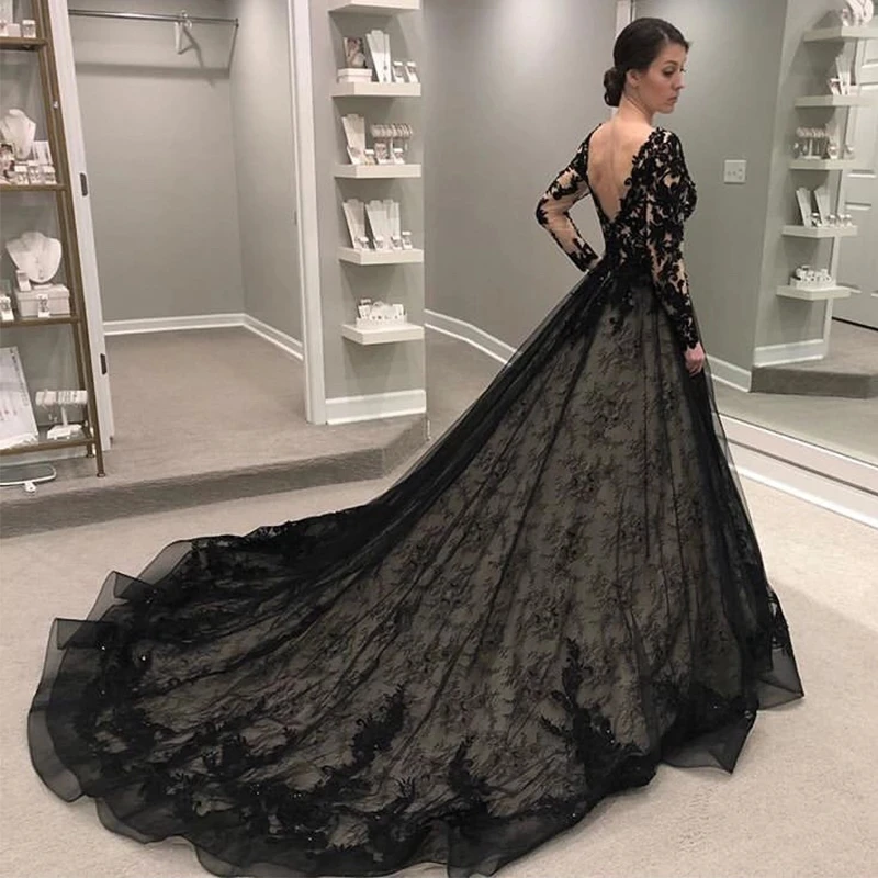 Eightale 2022 Classic Black Lace Wedding Dresses Long Sleeves V-neck A-line Appliques Beaded Bridal Dress With Long Train