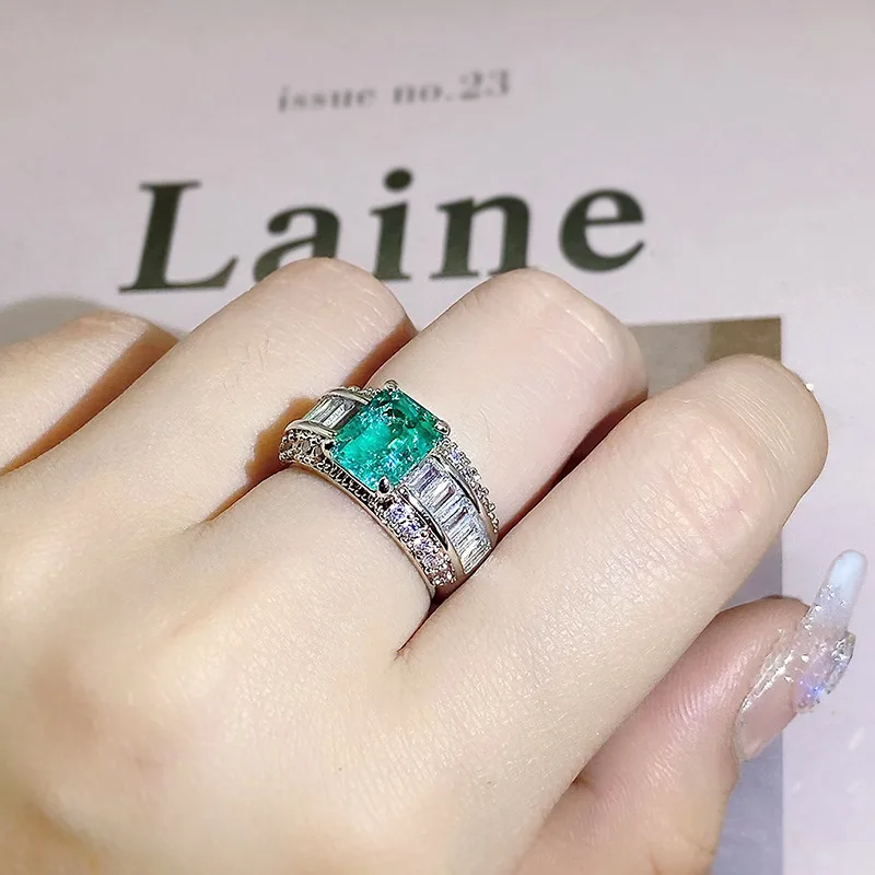 Anillo de plata S925 para mujer, sortija de princesa Esmeralda, Paraiba, doble Diamante, cristal, joyería de compromiso, regalo de aniversario