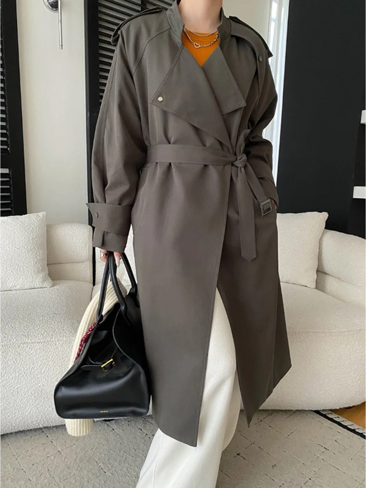 FANAN Elegante Lange Graben Mäntel Für Frauen Revers Gürtel Versammelt Taille Temperament Windjacke Mode Weibliche 2025, Winter Neue