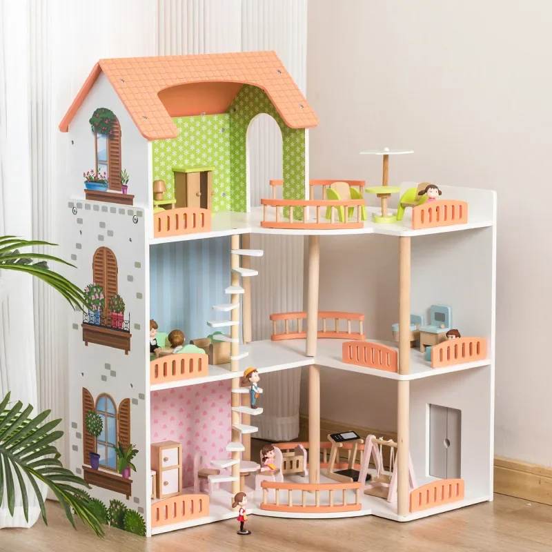 Wooden Large Three-story Princess House Miniature Dollhouse Accessories Doll House Furniture Montessori Social Games Girls Toys