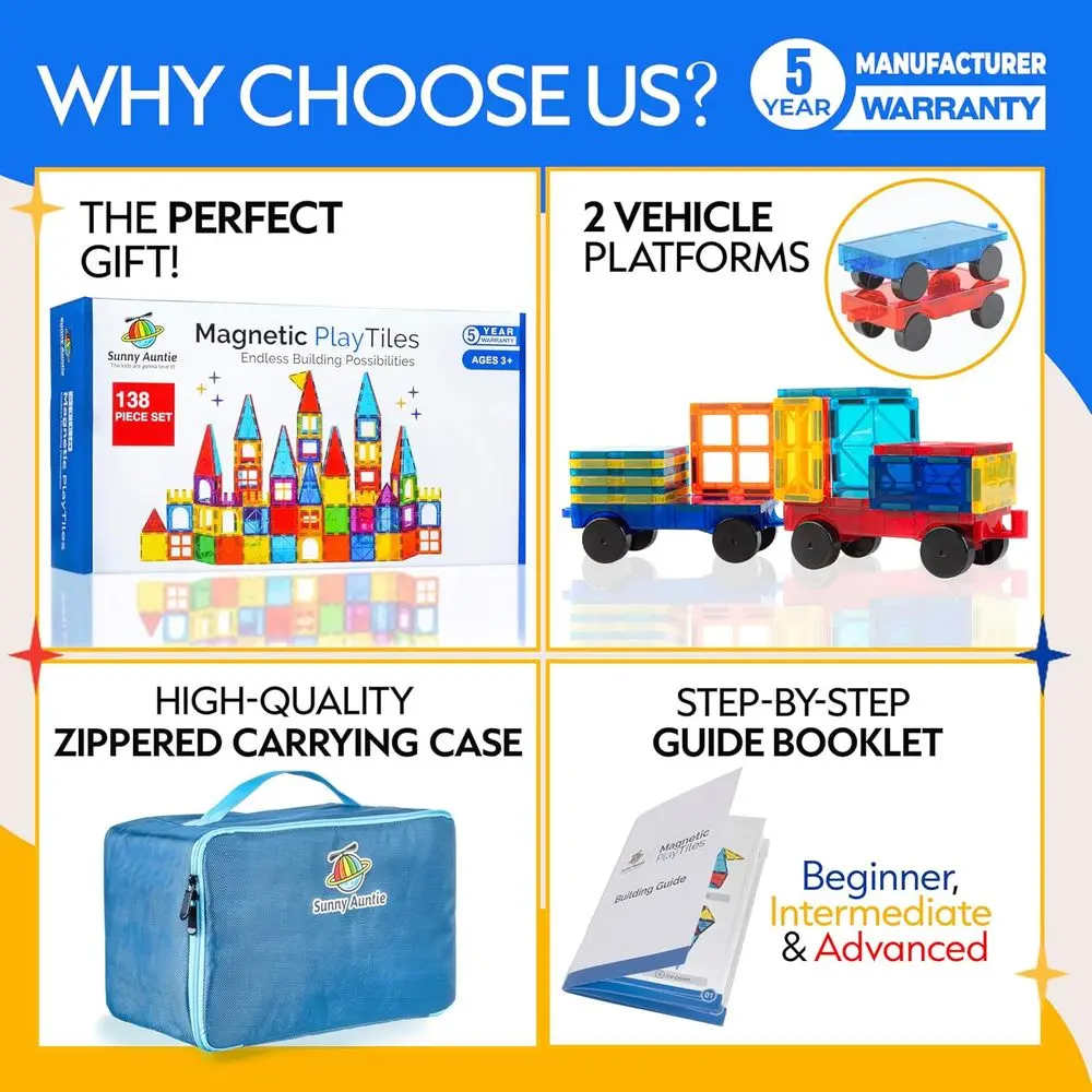 مجموعة مكعبات بناء مغناطيسية مقاس XL مكونة من 138 قطعة، مثالية للأطفال من سن 3 إلى 8 سنوات، تتضمن حقيبة حمل