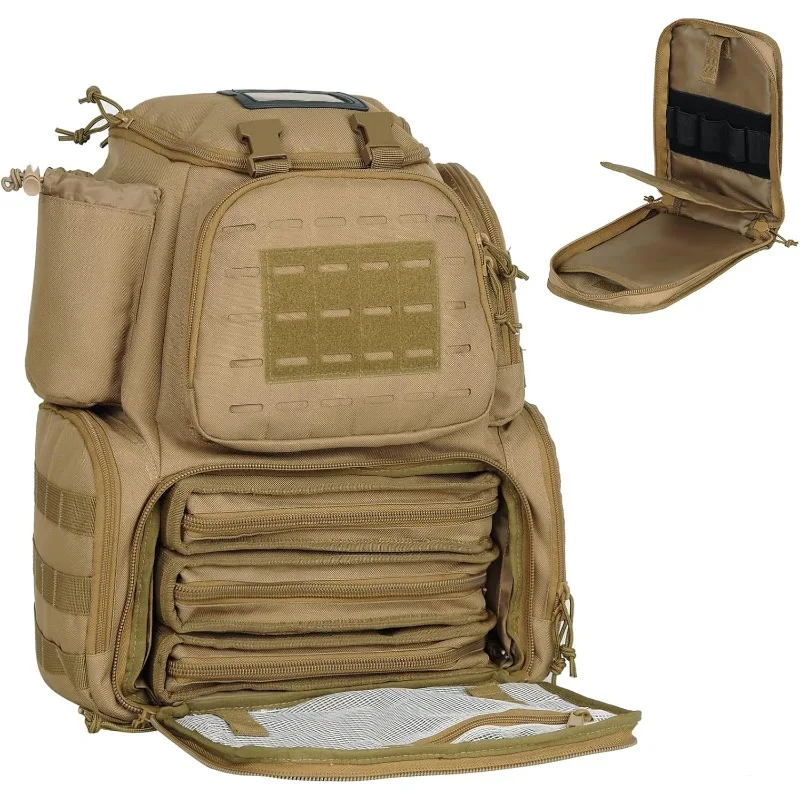 

Pistol Gun Range Backpack for Handguns and Ammo, Tactical Shooting Range Bag with 3 Pistol Case, Black/Khaki