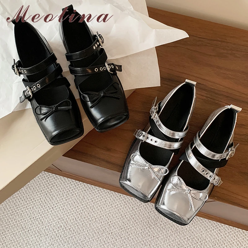 

Meotina/женская обувь из натуральной кожи Мэри Джейн с квадратным носком и бантом, перекрестный ремешок, пряжка, перчатки из овчины, женская модная обувь, весна-осень