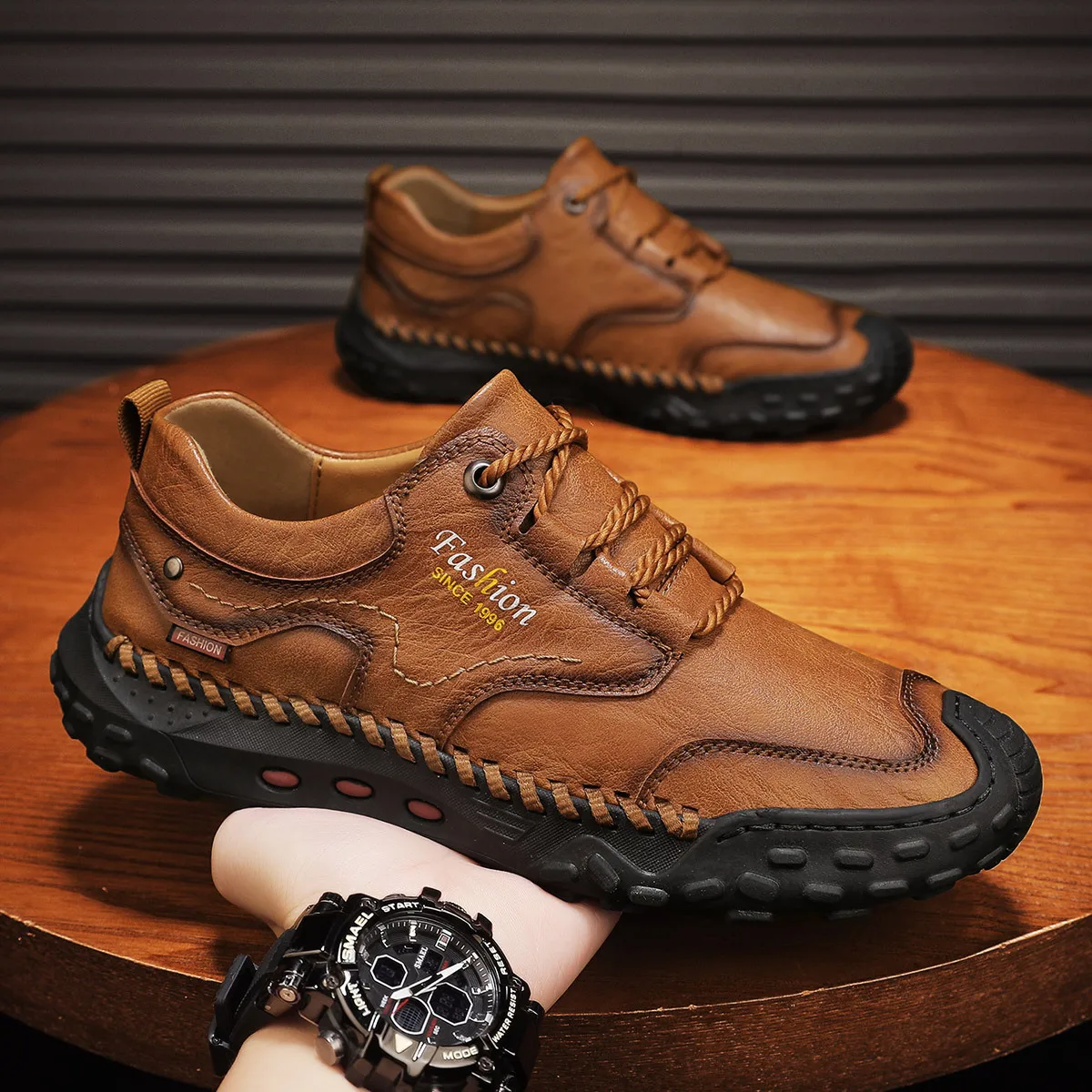 Hand Stitched Mens Casual Shoes Outdoor Slip On Flat Leather Low Top Large Size Loafers Comfortable Breathable Durable