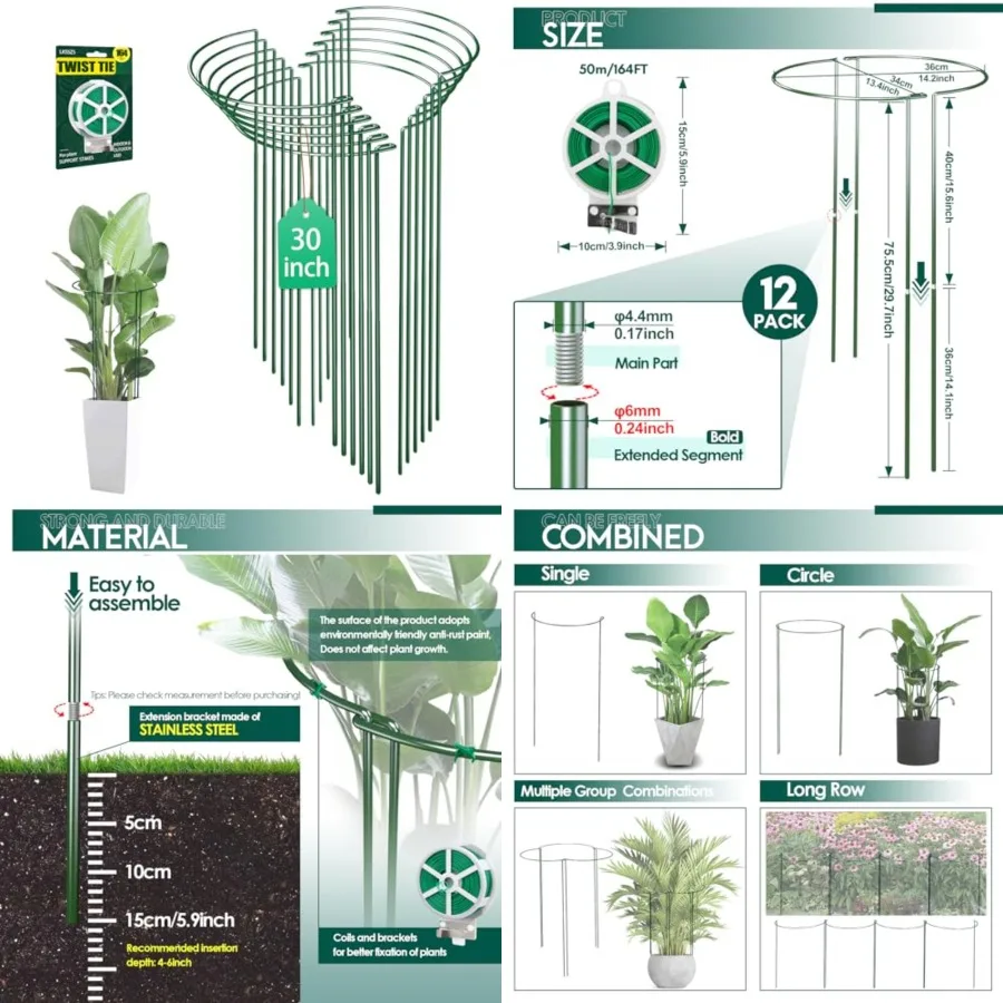 

12 Pack 30 inch Plant Support Stakes, Heavy-Duty Half Round Peony Support, Garden Plant Stakes Cage for Outdoor Plants, Peony,