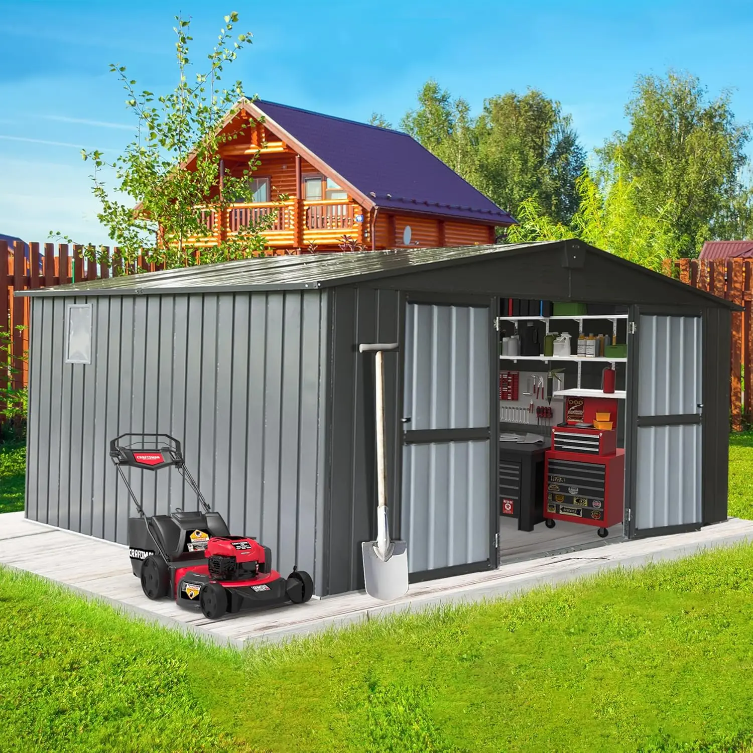 

Storage Shed 11' x 12.5', Metal Sheds Steel Utility Tool Storage House with Double Lockable Doors & Air Vents