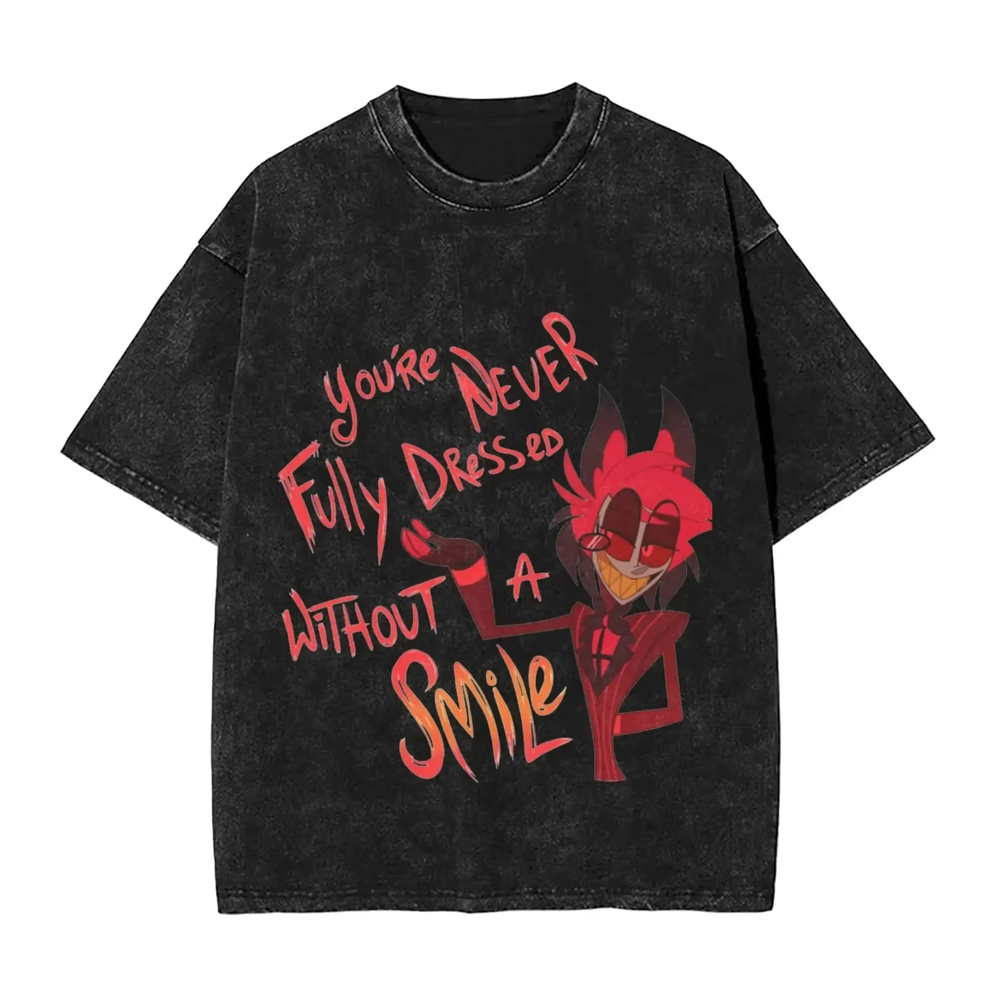 Vintage gewaschenes Baumwoll-T-Shirt mit Hazbin Hotel Alastor Radio Demon Grafikdruck, Unisex, locker geschnittenes Streetwear-Anime-Freizeit-Oberteil mit kurzen Ärmeln – Detail 4
