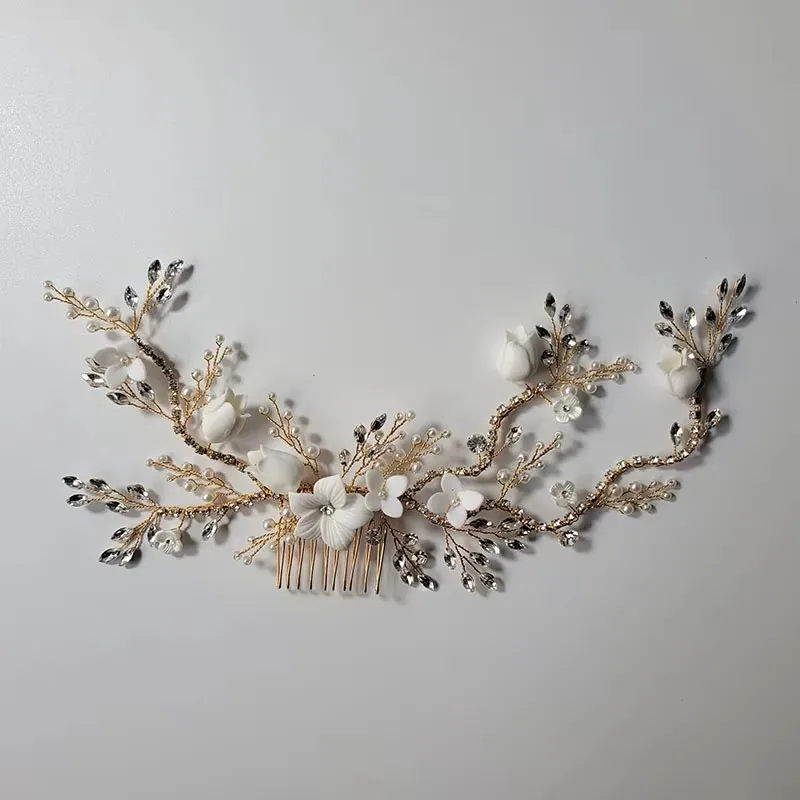 

SLBRIDAL Handamde Rhinestone Pearls Ceramic Flower Wedding Hair Comb Bridal Headpiece Hair Accessories Women Bridesmaids Jewelry