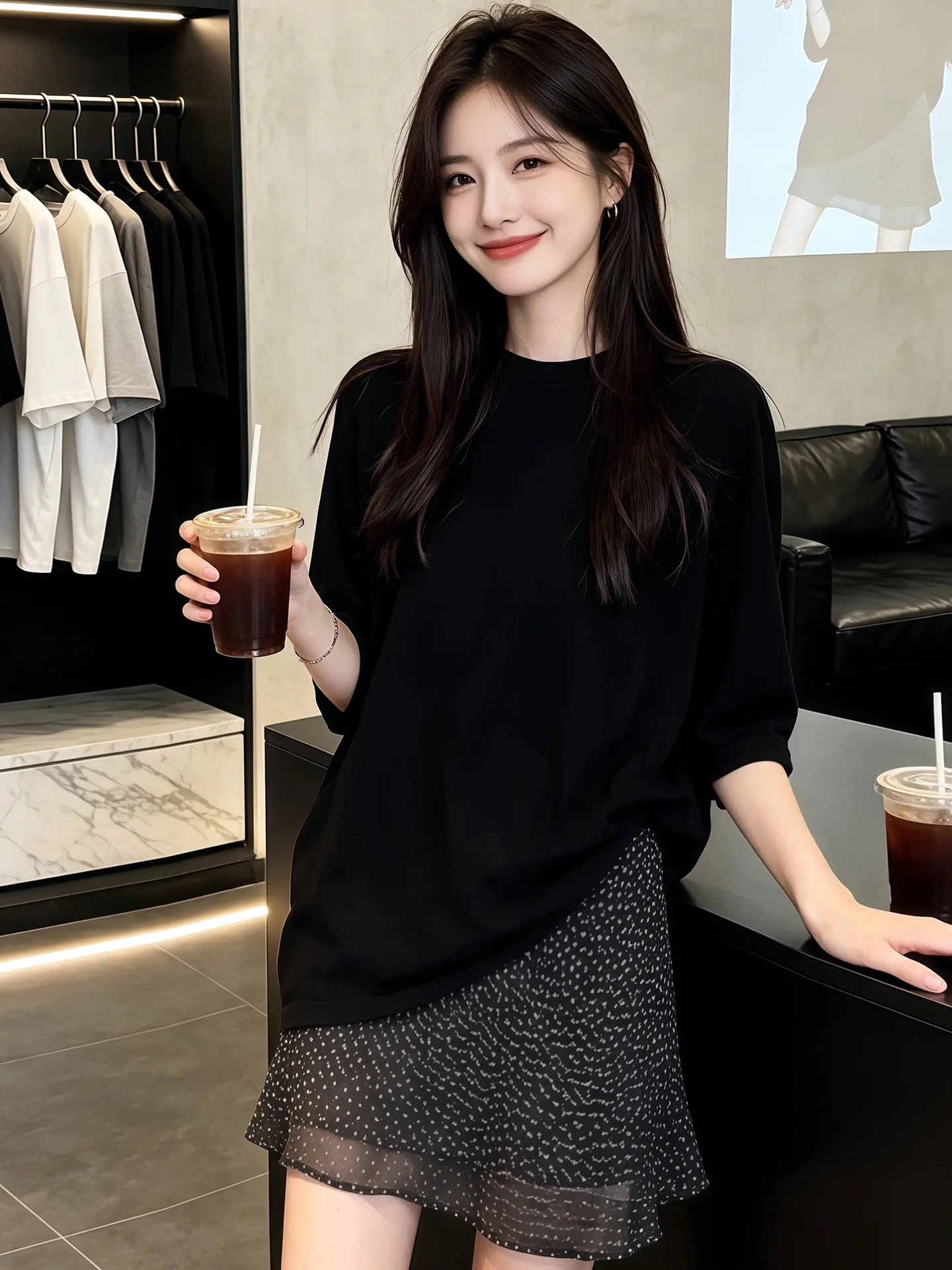 

Summer 2026 Women's Loose Fit Color Short Sleeve T-Shirt And Polka Dot Skirt Slimming Two Piece Set Fashionable Ca...