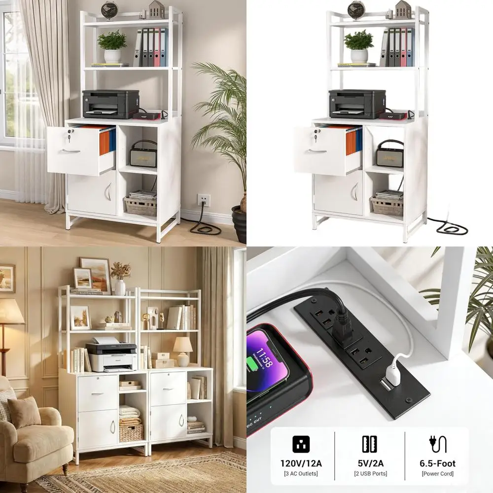 

Компактный домашний офисный стол с книжной полкой, местом для хранения, запирающимся шкафчиком и зарядной станцией, белый