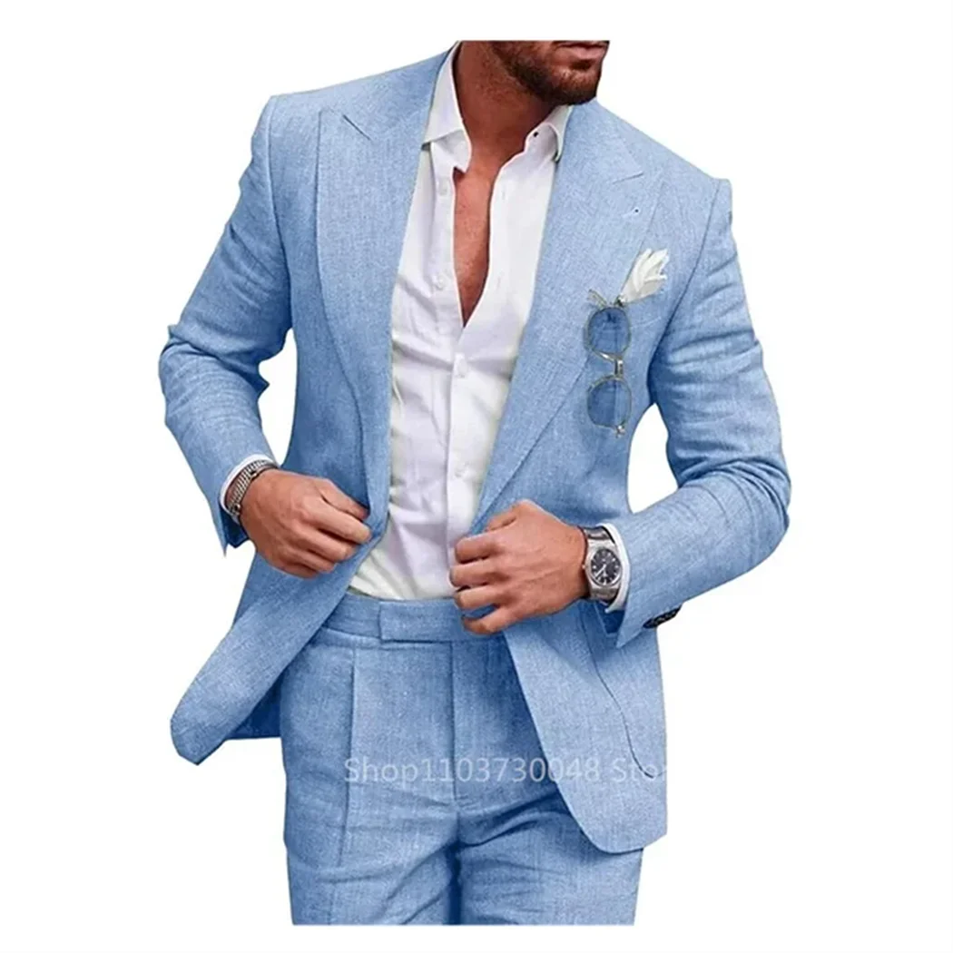 2 Piece Elegant Beige Linen Men Suit Smart Casual Single Breasted Slim Fit Blazer with Pants High Quality Costume Homme