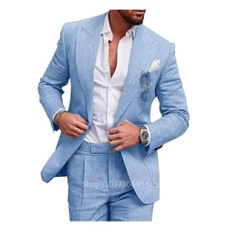 2 Piece Elegant Beige Linen Men Suit Smart Casual Single Breasted Slim Fit Blazer with Pants High Quality Costume Homme