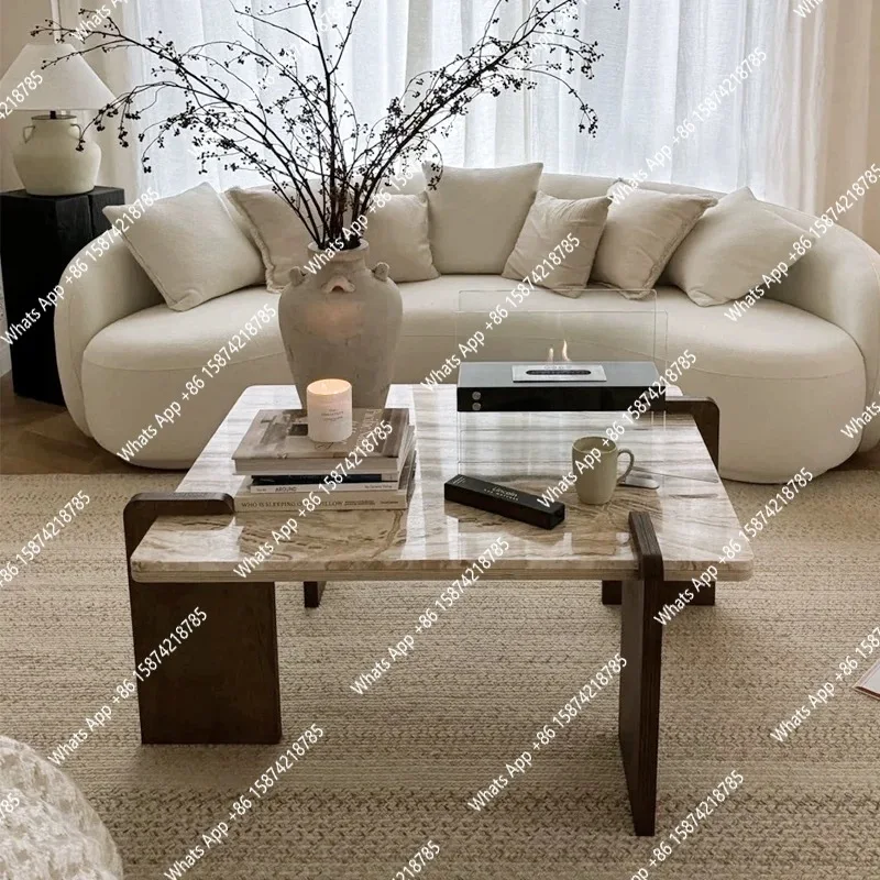 French Wabi-Sabi Travertine Table, Mid-Century Cream Coffee Table, Heat & Scratch Resistant, Natural Veining, Customizable