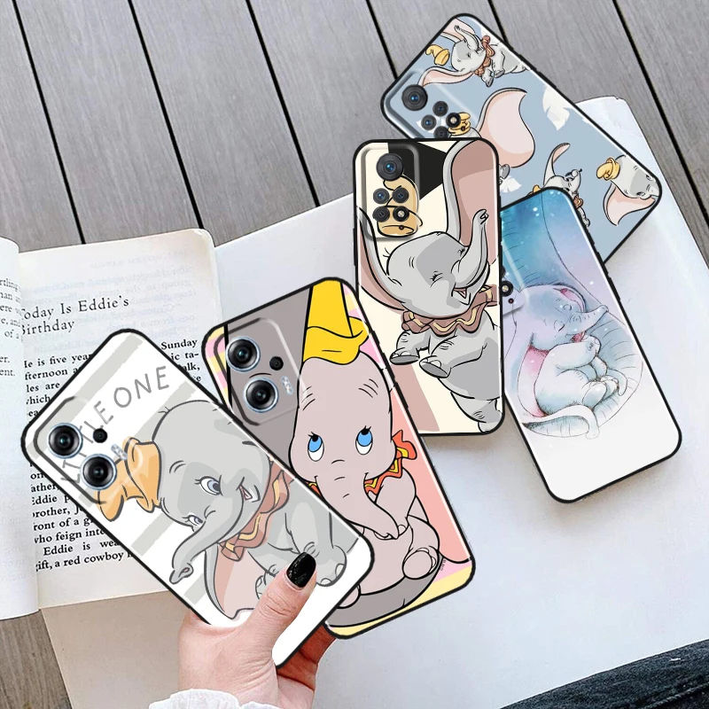 Cute Dumbo Cartoon For Xiaomi Redmi Note 12 11 11T 10 9 8 7 6 5 4 Pro 5G 4G Silicone Soft Shockproof Black Phone Case Coque Capa