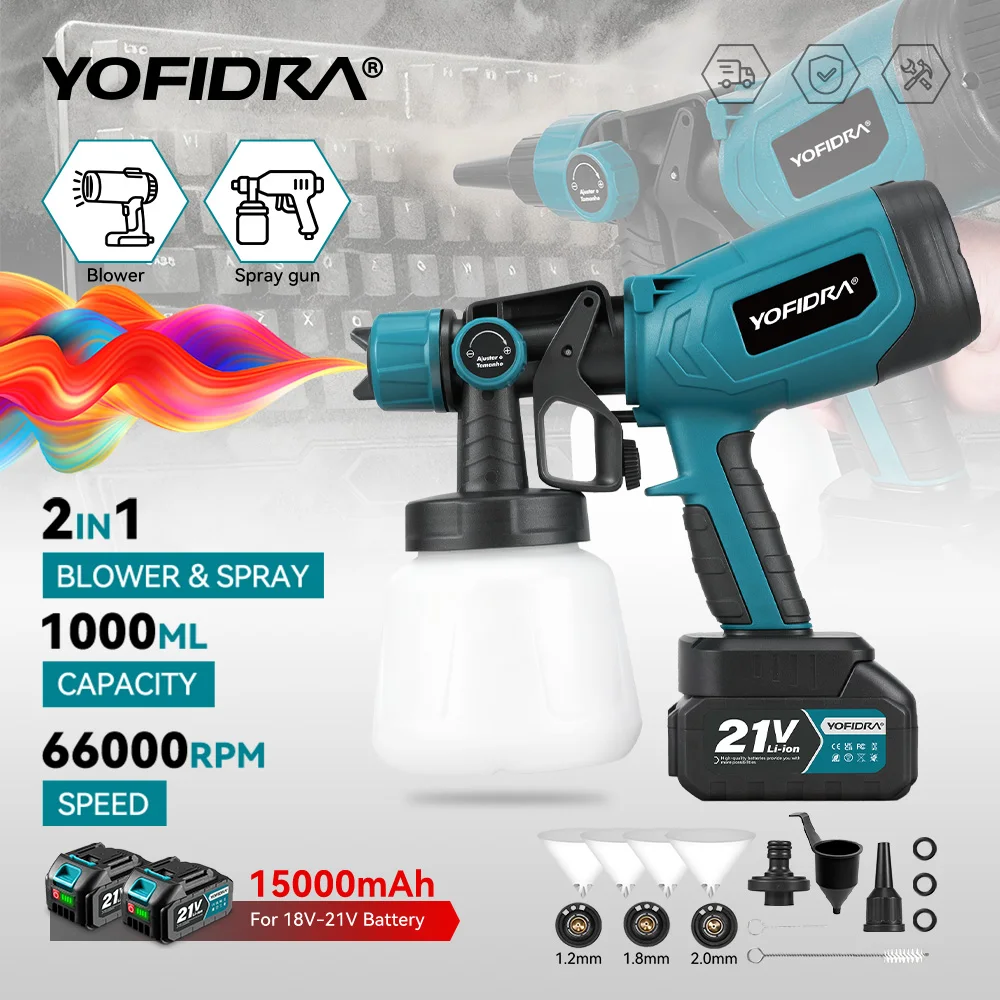 YOFIDRA 2IN1 1000ML Elektrische Spritzpistole 66000RPM Kabellose Farbspritzpistole Auto-Stahlbeschichtung Airbrush Elektrowerkzeuge für Makita-Akku