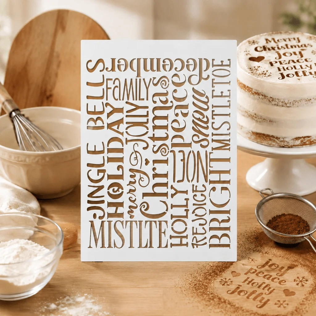Christmas Text Letter Cake Top Stencil, Food‑Safe PET Reusable Hollow Template, Xmas Word Art Baking Decor Mould