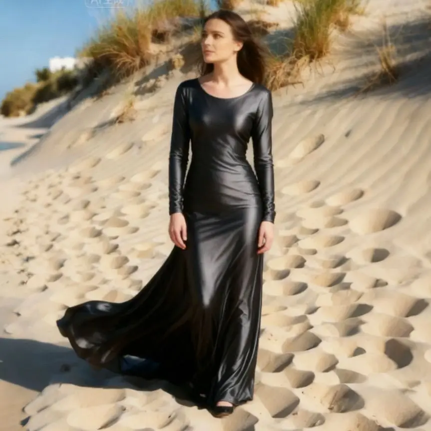 Czarna, błyszcząca sukienka maxi z satynowego jedwabiu, elegancka sukienka wkładana przez głowę, odzież do spania.