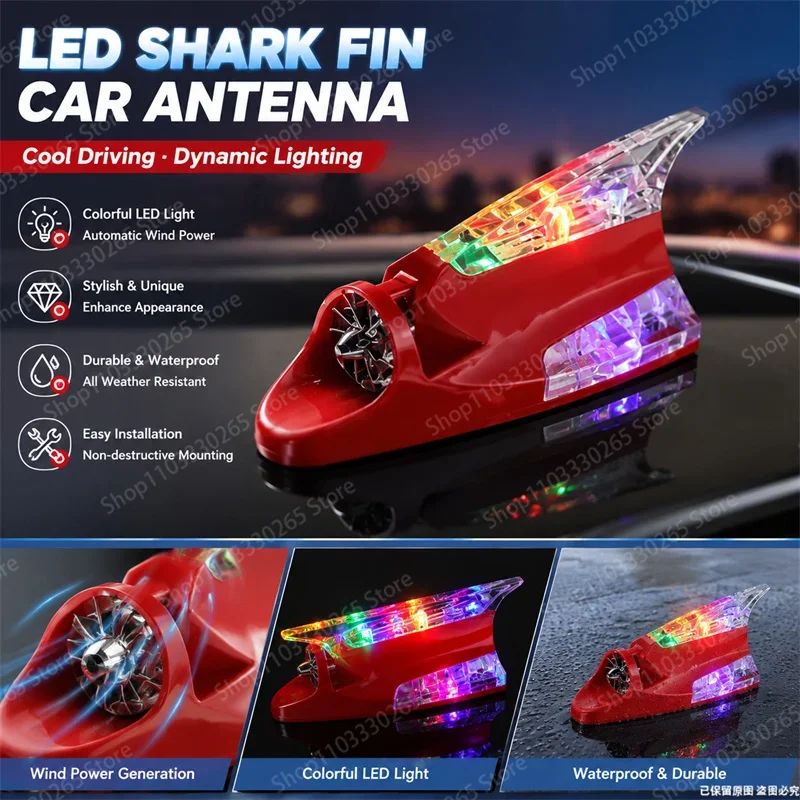 LED Shark Fin Car Antenna Wind Power Colorful Flashing Light Waterproof Universal Auto Roof Warning Decor Accessory